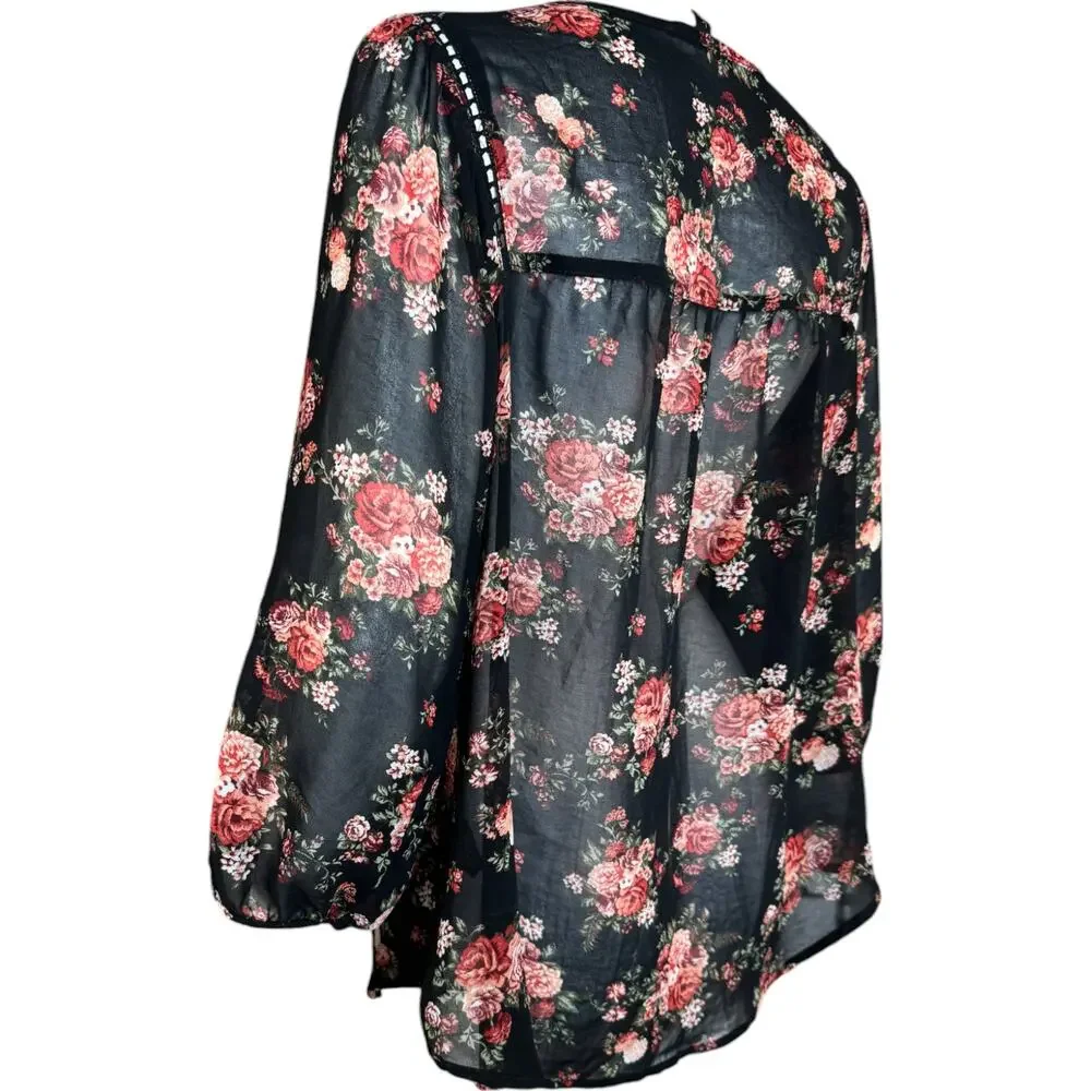 Mine Womens Large Black Floral Sheer 3/4‎ Length Sleeve Blouse - Picture 6 of 15
